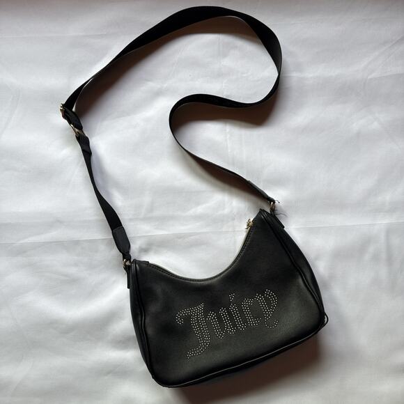 Juicy Couture Black Crossbody Bag Rhinestone Logo Adjustable Designer Minimal - Picture 5 of 8